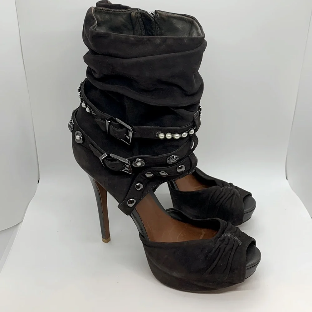 Schutz *Flawed Open Peep Toe Platform Heels Brown 10B Buckle Stud Pearl Accents